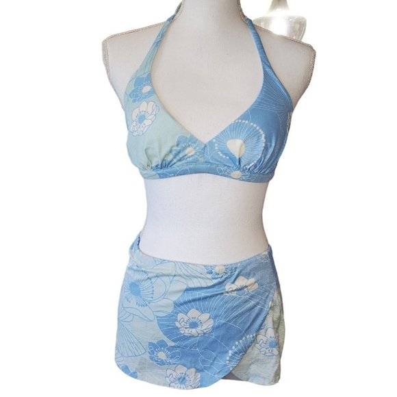 Vintage 60s 70s Pinup Retro Style Skirted Bikini Blue Halter Floral S/M READ - Picture 2 of 14